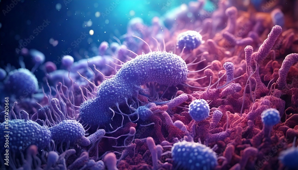 Obraz premium 3D Illustration of Microscopic View of Viruses, Bacteria, or Germs. 4K