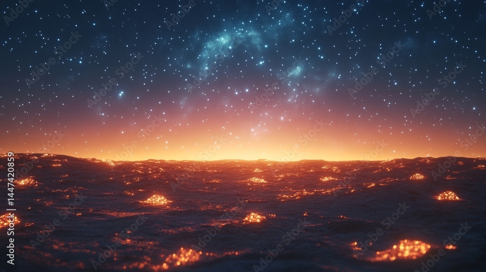 A fiery, starlit alien landscape. A fiery, starlit alien landscape.