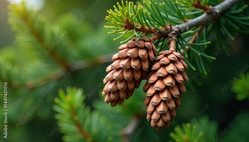 Fototapeta premium Mature pinecones clinging to branches of a pine tree , botanical garden, closeup, autumn