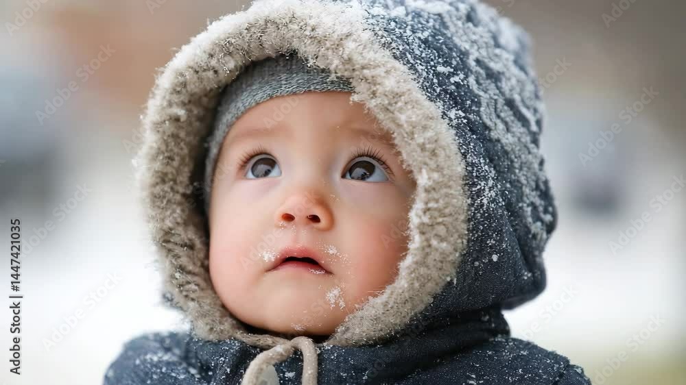 A cute baby in a cozy winter jacket, gazing up with wide eyes as snowflakes cascade down, capturing the essence of childhood wonder and the joy of winter weather. A cute baby in a cozy winter jacket, gazing up with wide eyes as snowflakes cascade down, capturing the essence of childhood wonder and the joy of winter weather.