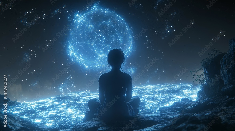 Silhouette figure meditates beneath a glowing celestial sphere. Silhouette figure meditates beneath a glowing celestial sphere.