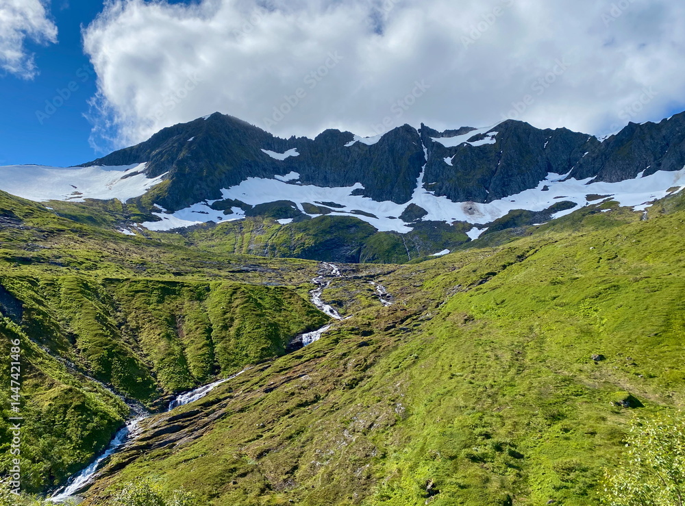 Fototapeta premium Lush green slopes and snow covered peaks in Norwegian mountain landscape during summer