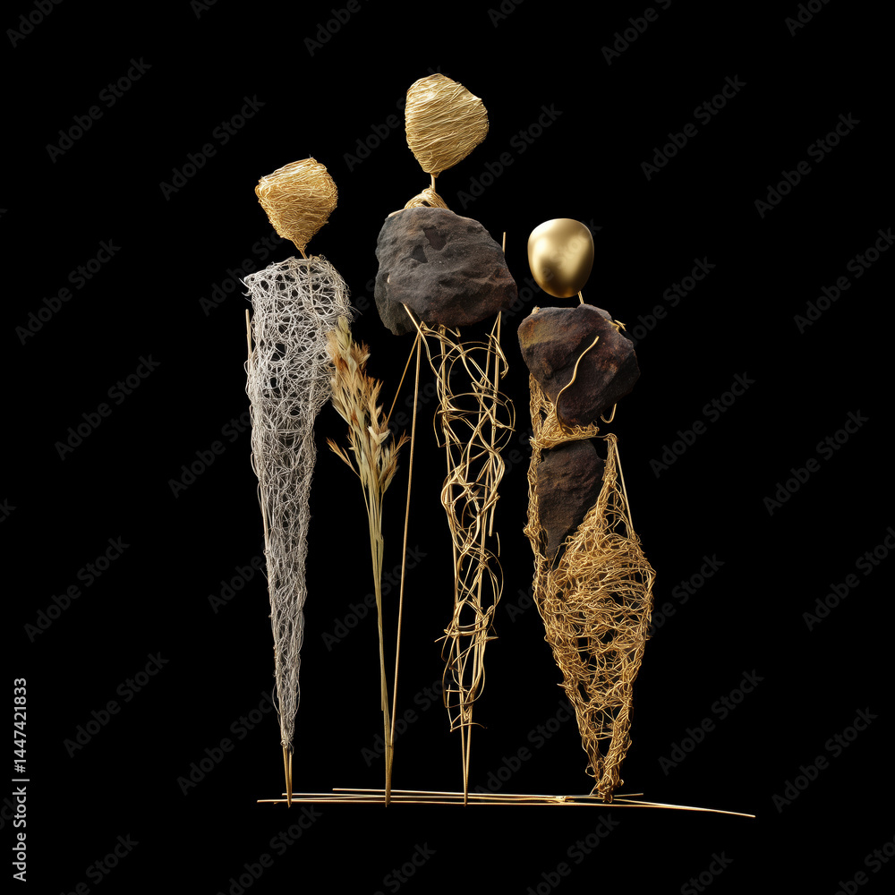 Three sculptures of women made of gold and silver