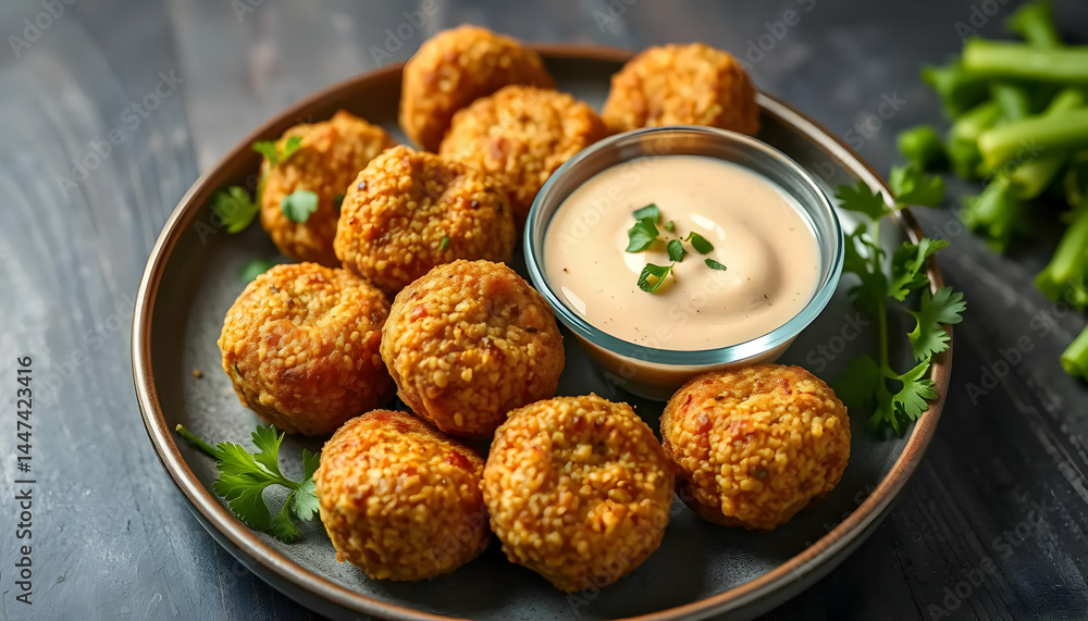 Crispy Golden Fried Balls with Dipping Sauce on Rustic Plate Crispy Golden Fried Balls with Dipping Sauce on Rustic Plate