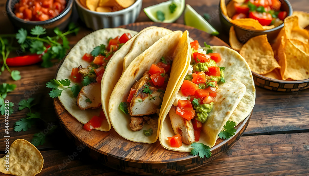 Delicious Fish Tacos On Wooden Board With Toppings And Sides Delicious Fish Tacos On Wooden Board With Toppings And Sides