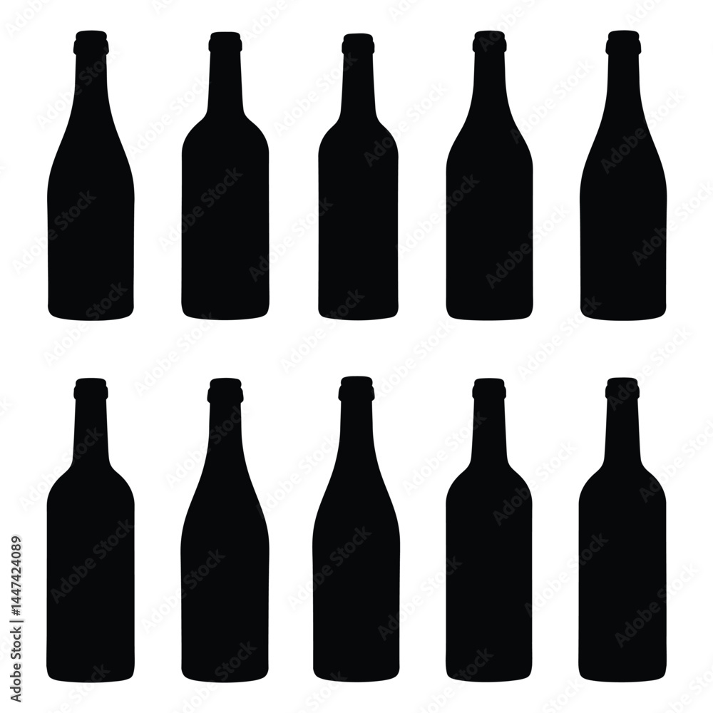 Set of silhouettes of wine bottles. Vector illustration in flat style Set of silhouettes of wine bottles. Vector illustration in flat style