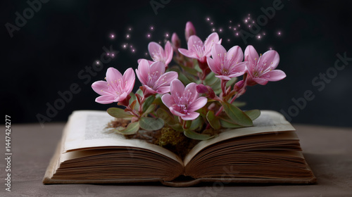 Obraz na płótnie A book is open to a page with a flower arrangement w salonie