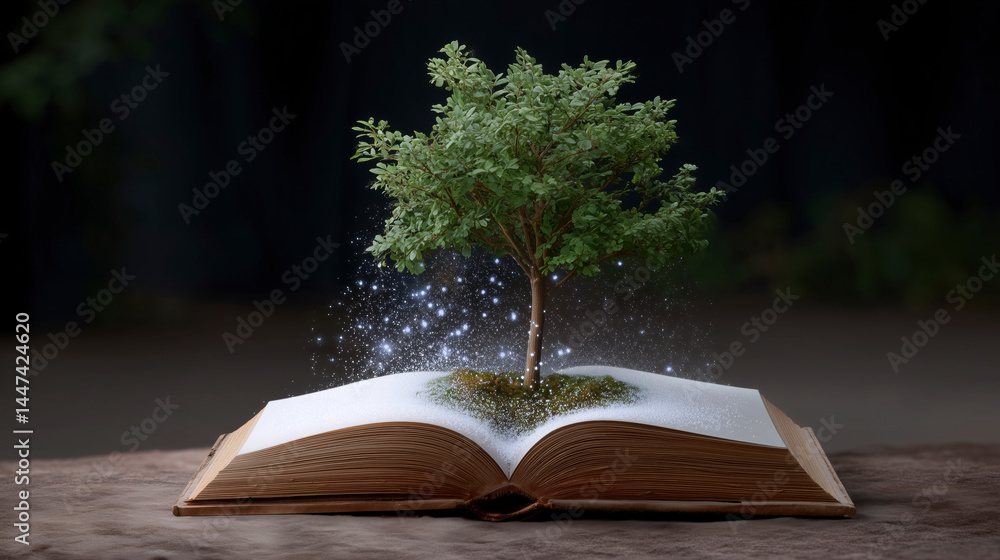 A tree is inside of an open book