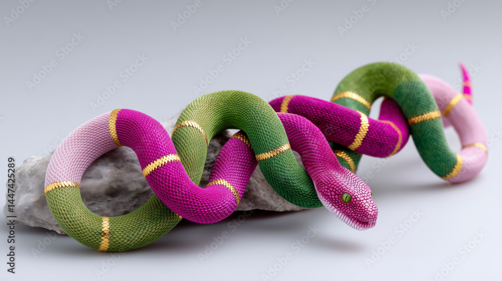 A green and pink snake with gold stripes