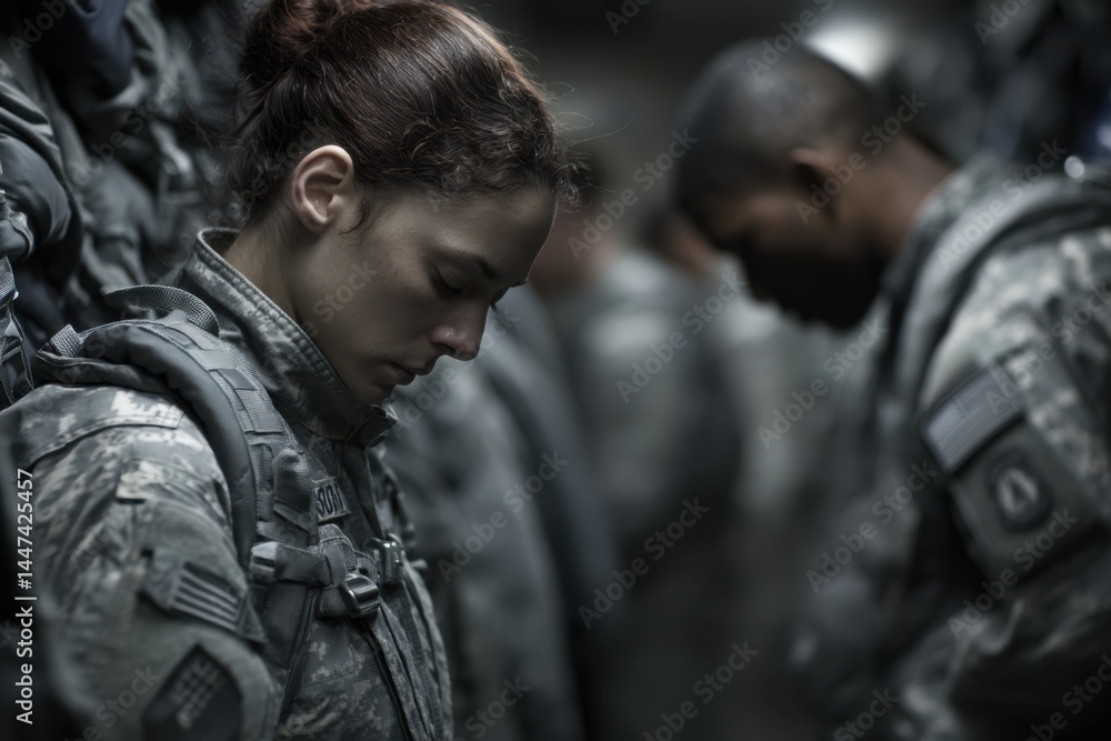 Fototapeta premium Solemn Soldiers: Focused Woman in Military Camo, Respect, Group of Servicemen, Dark Background, Photo