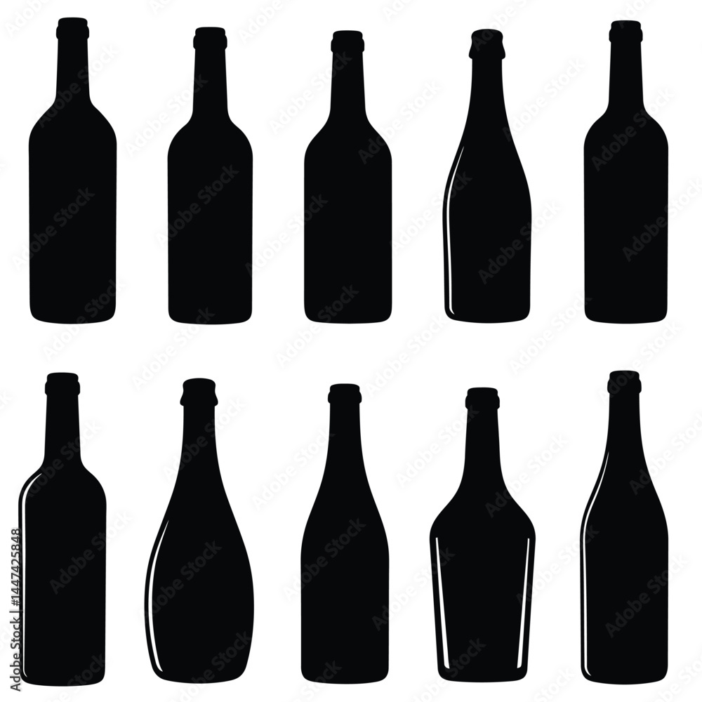 Set of silhouettes of wine bottles. Vector illustration in flat style Set of silhouettes of wine bottles. Vector illustration in flat style