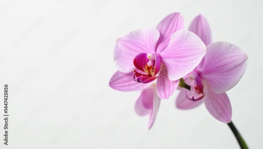 Fototapeta premium Single pink orchid against pure white backdrop Studio shot, high detail , soft, plant