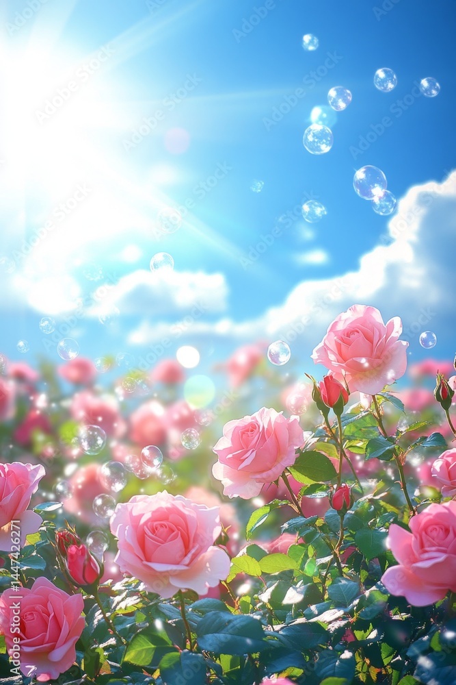 Obraz premium Pink rose garden, sunny sky, bubbles