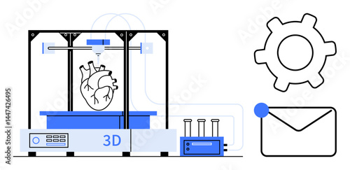 3D printer crafting a human heart prototype with test tubes, gear, and envelop elements. Ideal for innovation, medical research, technology, engineering, healthcare science modern solutions. Flat