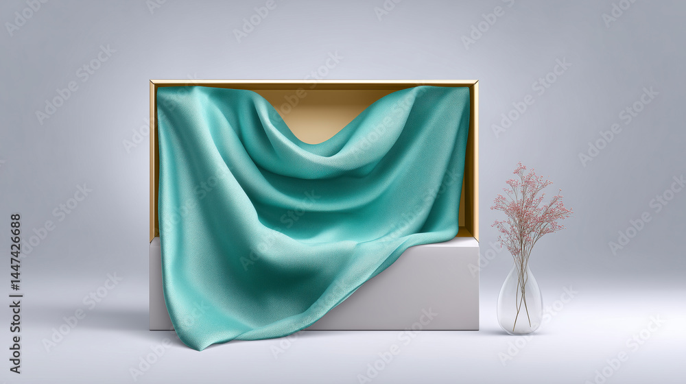 A white box with a blue blanket draped over it