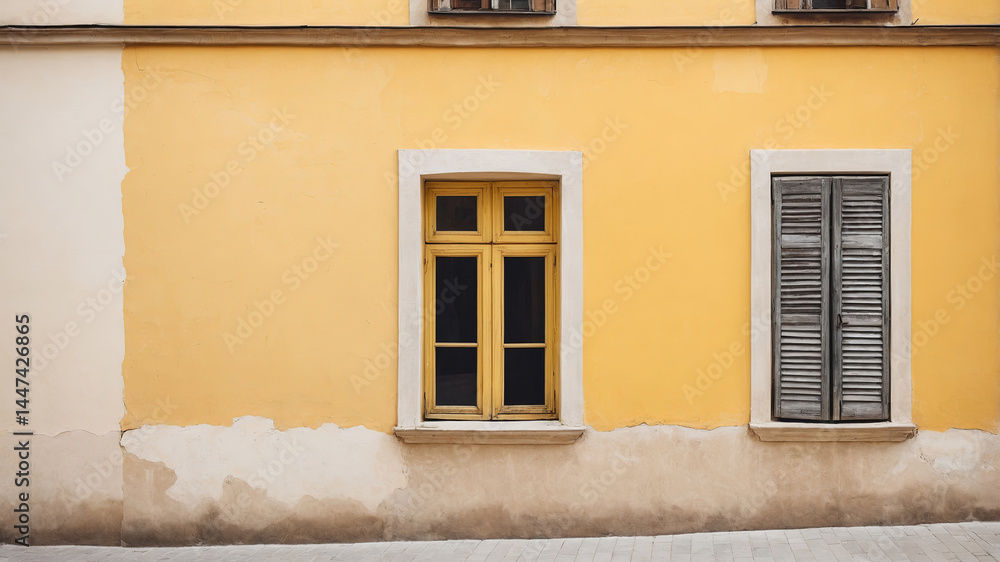 Fototapeta premium A striking yellow wall features two windows, one with shutters, offering a captivating architectural view.