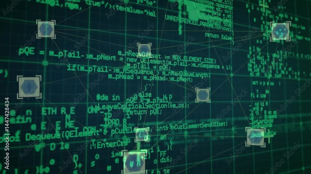 Digital network visualization flowing across teal green grid, connecting glowing hexagonal nodes Digital network visualization flowing across teal green grid, connecting glowing hexagonal nodes