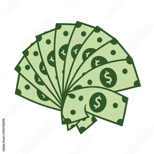 Money banknotes fan. Pile of dollars cash, green dollar bills heap capital, geld or paper monetary currency wage, bill banknote piles for investment or payment isolated  illustration