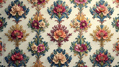 Intricate floral damask, repeating motif in muted tones, pattern, wallpaper, textile
