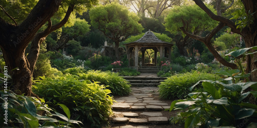 A picturesque garden scene with a stone path leading to a gazebo surrounded by lush greenery. A picturesque garden scene with a stone path leading to a gazebo surrounded by lush greenery.