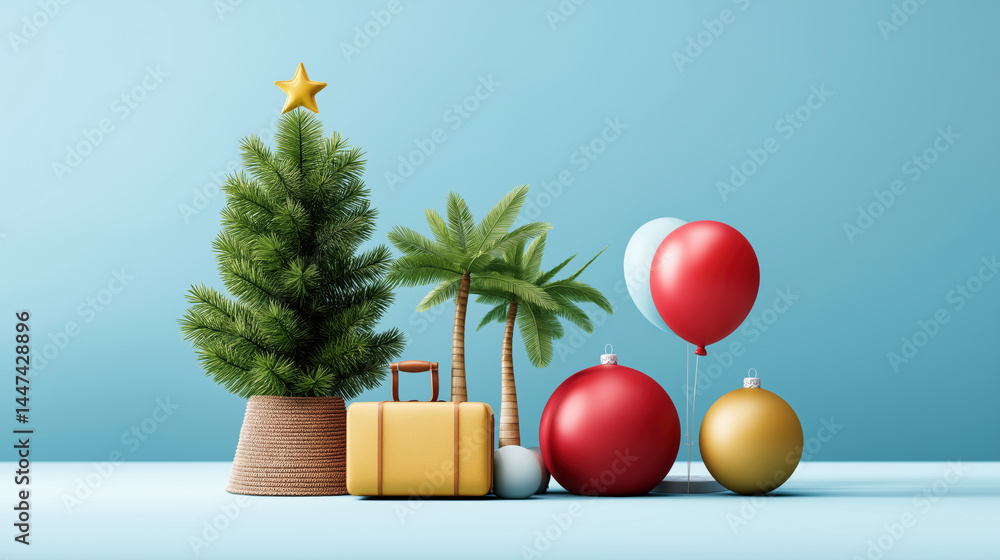 A Christmas tree is surrounded by luggage and balloons