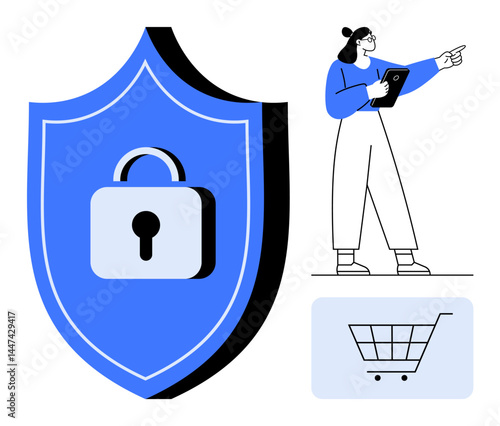 Shield with lock symbolizing cybersecurity, woman with tablet pointing, shopping cart icon. Ideal for e-commerce, data protection, internet safety, business, technology, trust building simple