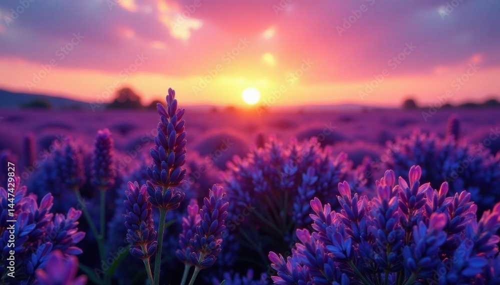 Naklejka premium Sunset bathes lavender in purple hues, close-up view , stunning, tranquil, vibrant