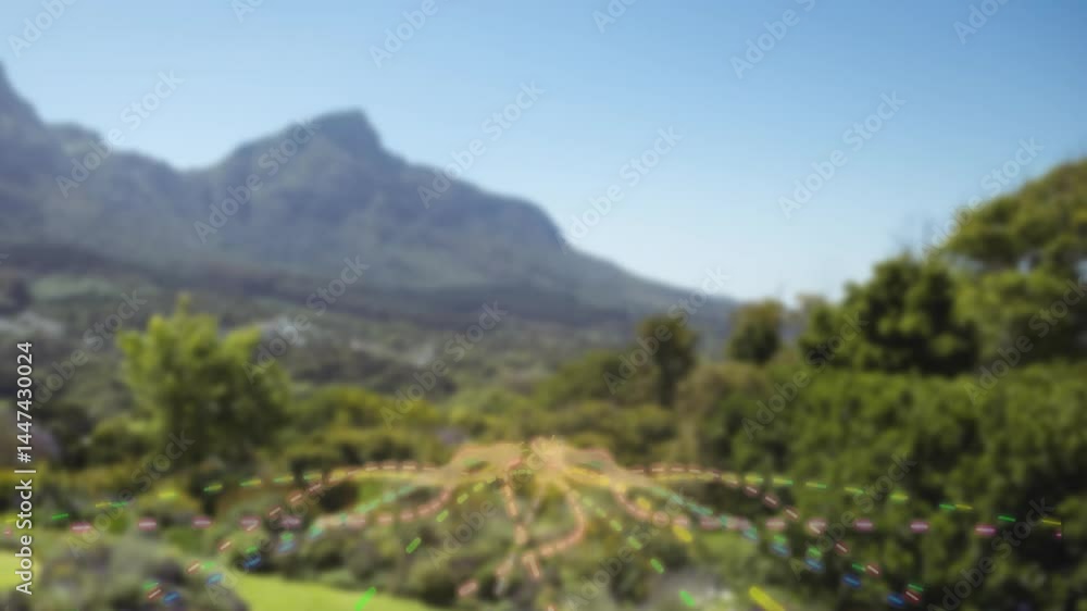 Radiating dashed line pattern being overlaid on garden beds, featuring rolling hills beyond Radiating dashed line pattern being overlaid on garden beds, featuring rolling hills beyond