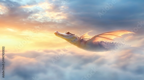 Majestic Dragon Gliding Through Colorful Sky at Sunset
