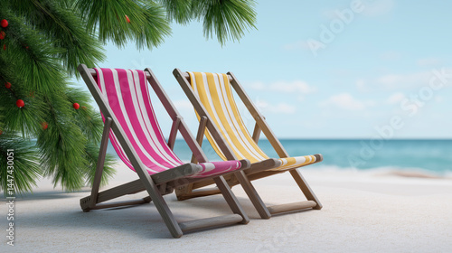Two beach chairs are on the sand next to a tree