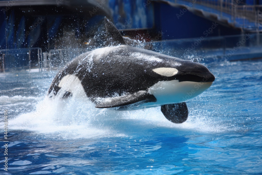 Obraz premium Killer Whale Breaching Water Surface, Orca Leaping, Water Splashing, Aquatic Mammal, Blue Water
