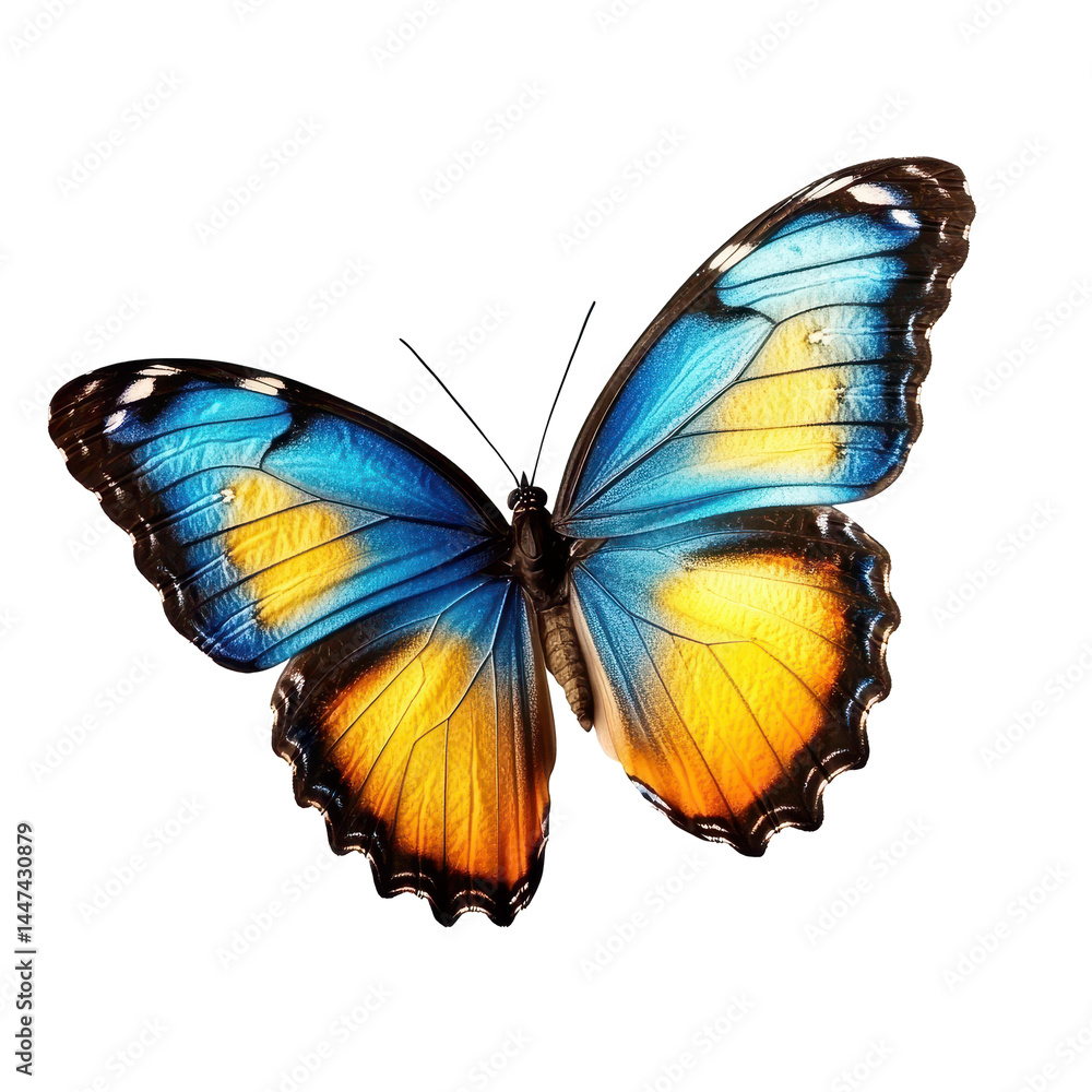 Obraz premium Colorful butterfly resting with vibrant blue and orange wings in natural light