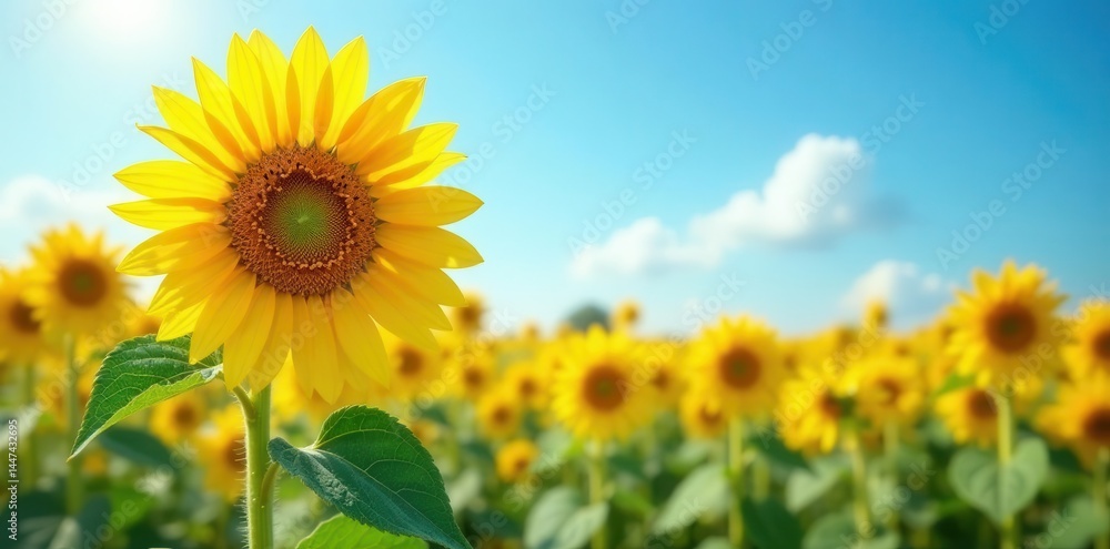 Vibrant sunflowers, dew-kissed leaves, azure backdrop, plant, photography, blue background Vibrant sunflowers, dew-kissed leaves, azure backdrop, plant, photography, blue background