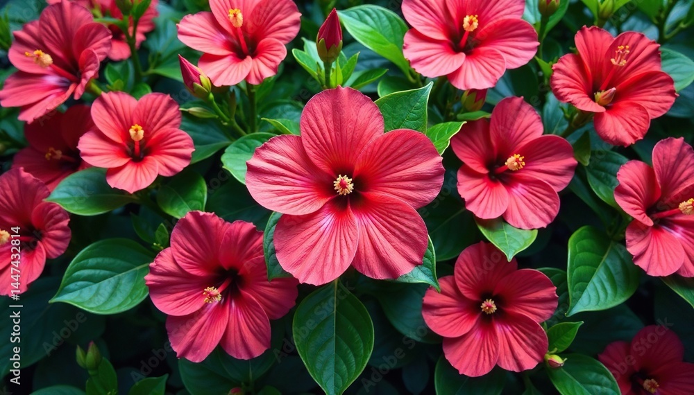 Vibrant hibiscus blooms, lush green leaves, repeating pattern , bright, Hibiscus Vibrant hibiscus blooms, lush green leaves, repeating pattern , bright, Hibiscus