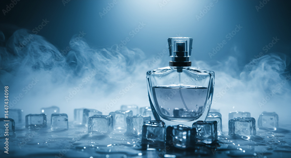 Elegant perfume bottle on ice, with smoky background Elegant perfume bottle on ice, with smoky background