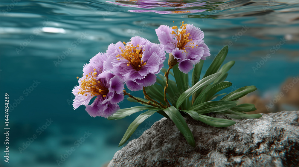 A purple flower is on a rock in the ocean