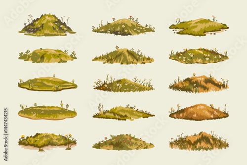 Set of cartoon grassy mounds and hills with small plants and flowers. Natural landscape elements. Vector illustration.