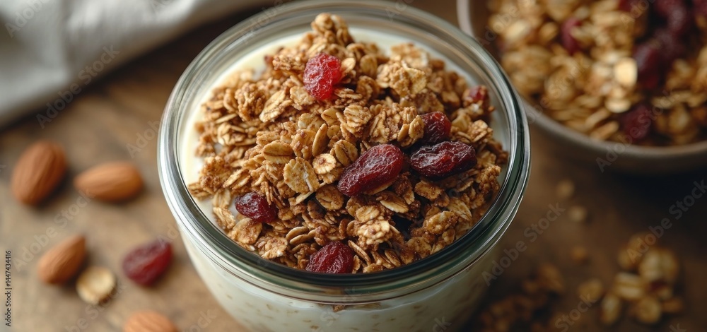 Delicious Granola with Cranberries and Almonds in a Glass Jar Delicious Granola with Cranberries and Almonds in a Glass Jar