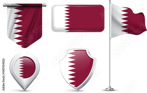 Set of Qatari Flags in Different Shapes and Styles