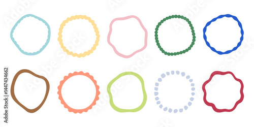 Collection of abstract round shapes and doodle style wavy circle frames