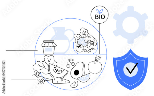 Fresh fruits, vegetables, and wheat with a bio label, shield with checkmark, and gear. Ideal for organic farming, quality assurance, eco-friendly food, sustainability health nutrition