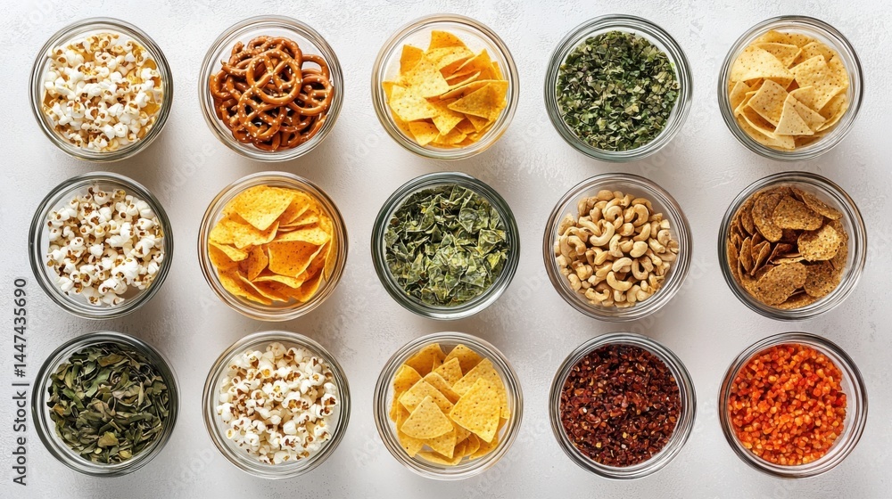 Set of many bowl with different salty snacks on light gray background. Chips, popcorn, nuts, nachos and pretzels. Party food. Top view Set of many bowl with different salty snacks on light gray background. Chips, popcorn, nuts, nachos and pretzels. Party food. Top view