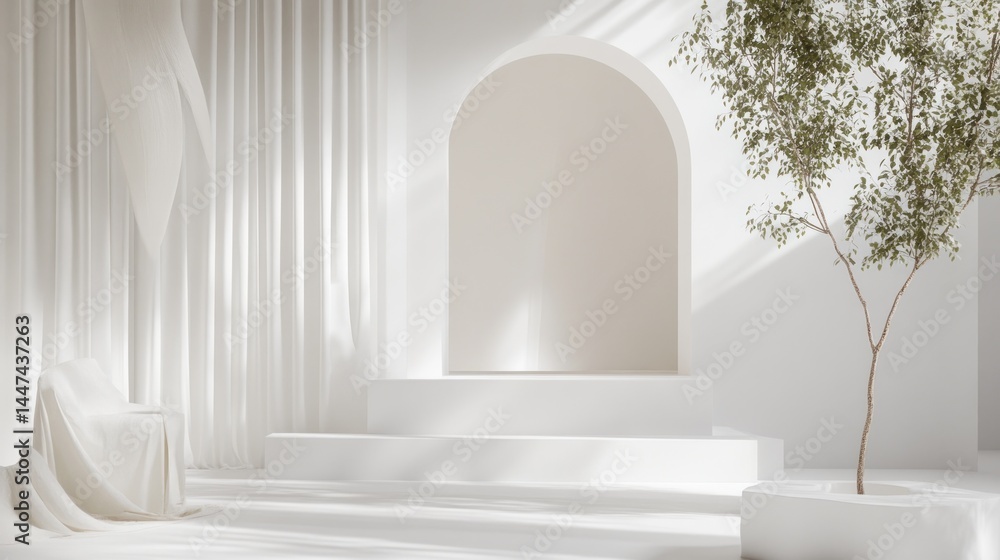 Minimalist, airy, white space with draped fabric, archway, and small tree Minimalist, airy, white space with draped fabric, archway, and small tree