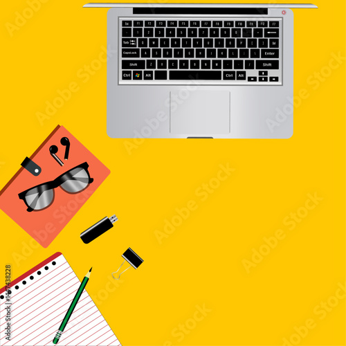 top down view of office desk with laptop, notebook and pencil, glasses, pen drive, binder clip vector illustration