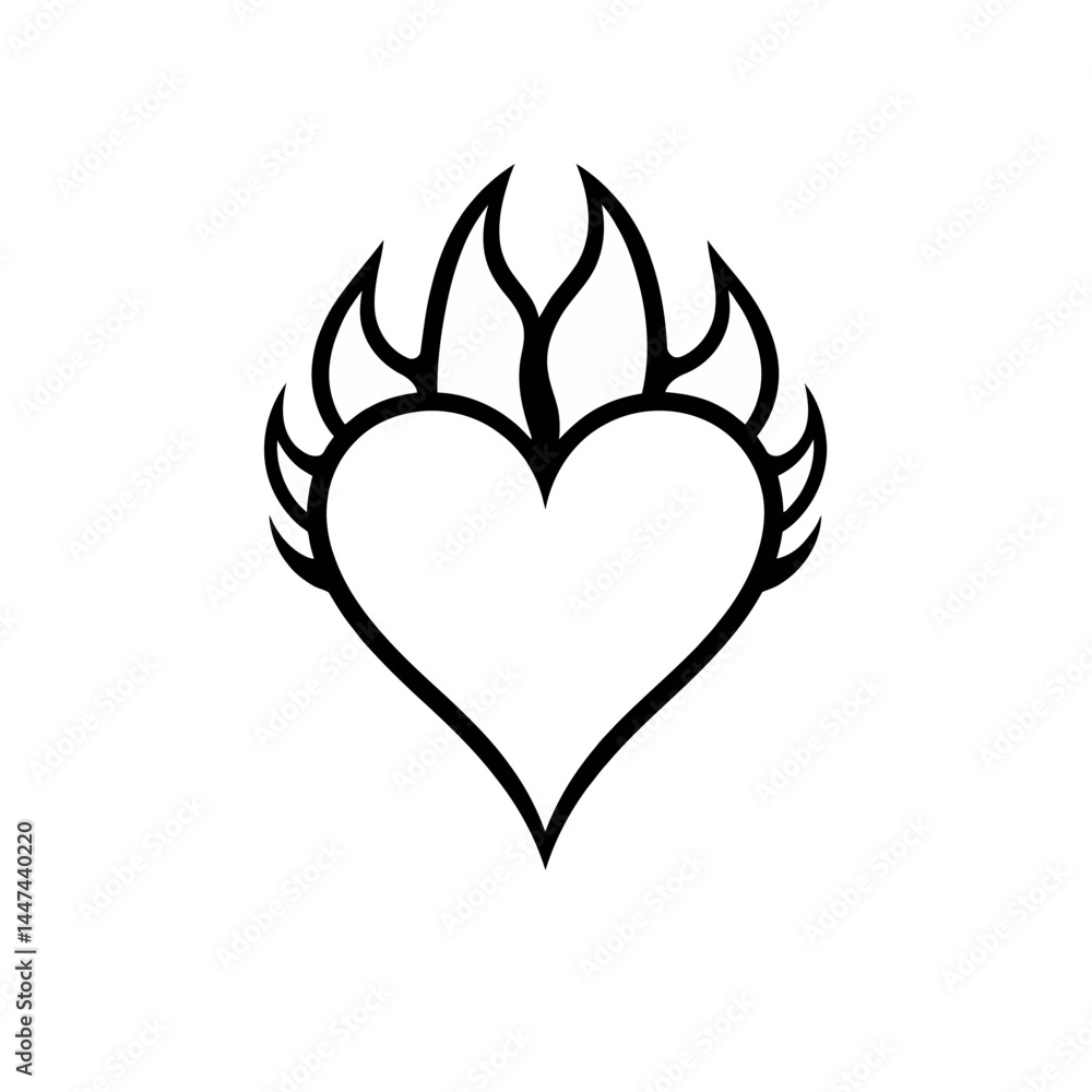 Heart with flames vector illustration black and white love fire design element valentine's day romance passion art Heart with flames vector illustration black and white love fire design element valentine's day romance passion art