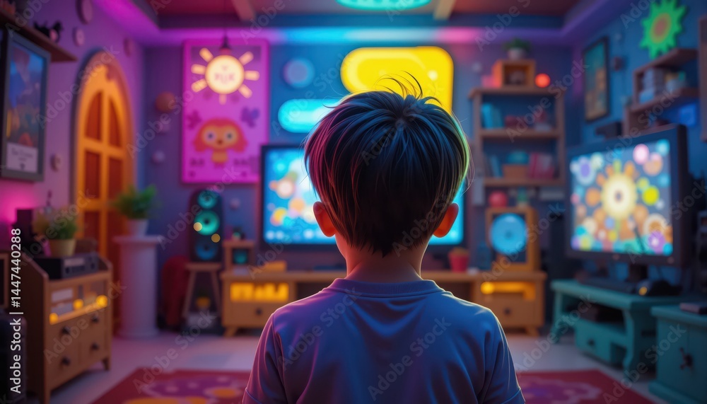 Child Watching Television in a Colorful Playroom Full of Bright Decorations and Fun Illustrations Creating a Cozy Creative Entertainment Environment Child Watching Television in a Colorful Playroom Full of Bright Decorations and Fun Illustrations Creating a Cozy Creative Entertainment Environment