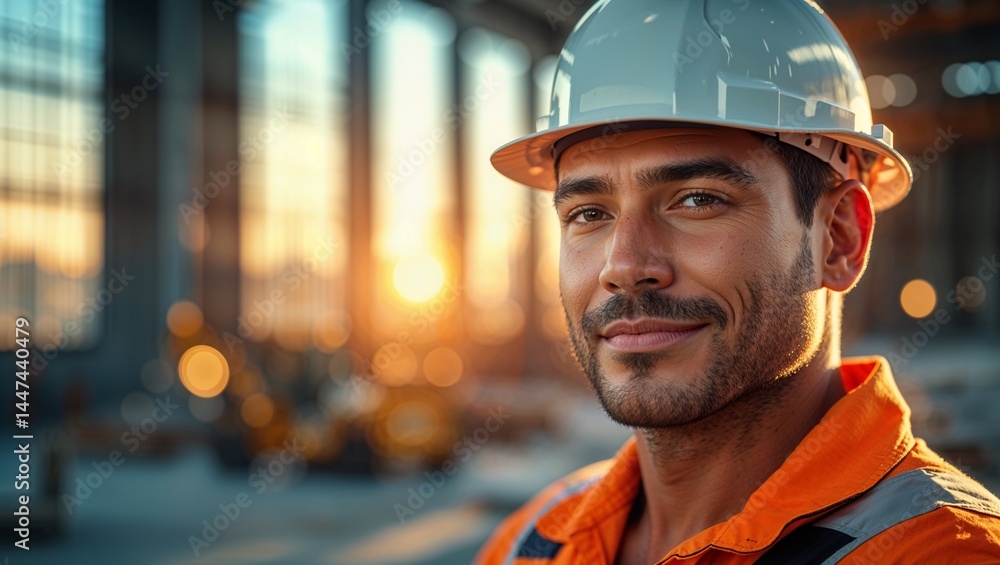 Confident Construction Worker at a Building Site During Sunrise Confident Construction Worker at a Building Site During Sunrise