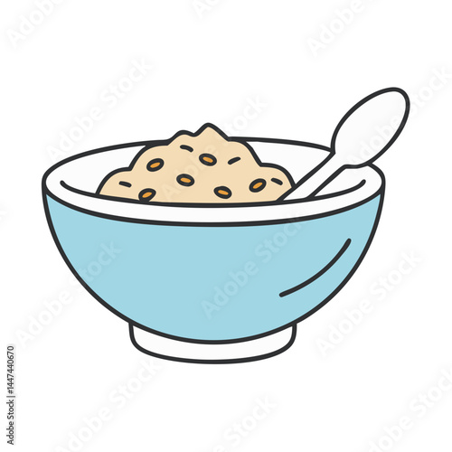 Illustration of breakfast bowl with porridge and spoon, food, healthy, nutrition, meal, oat