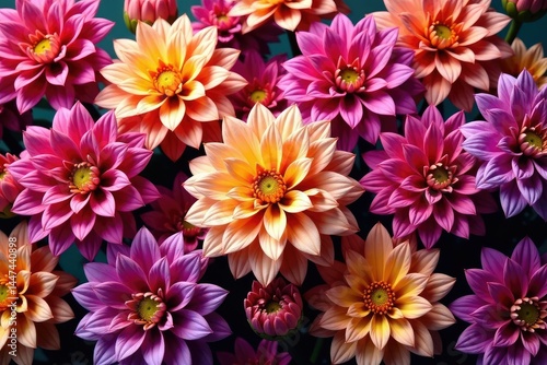 Intricate dahlia blooms in vibrant hues form a repeating pattern , yellow, design element, autumn