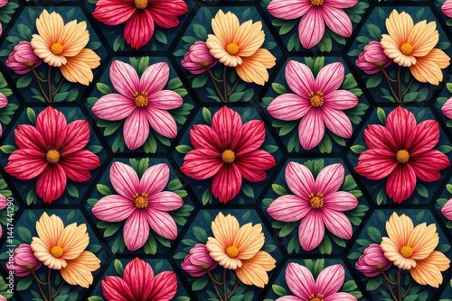 Intricate floral bouquet within a repeating hexagonal grid pattern, bloom, botanical, illustration